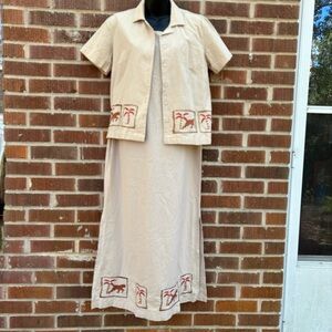 Vintage Jane Ashley Tan Safari Cotton Maxi Dress Set Size L